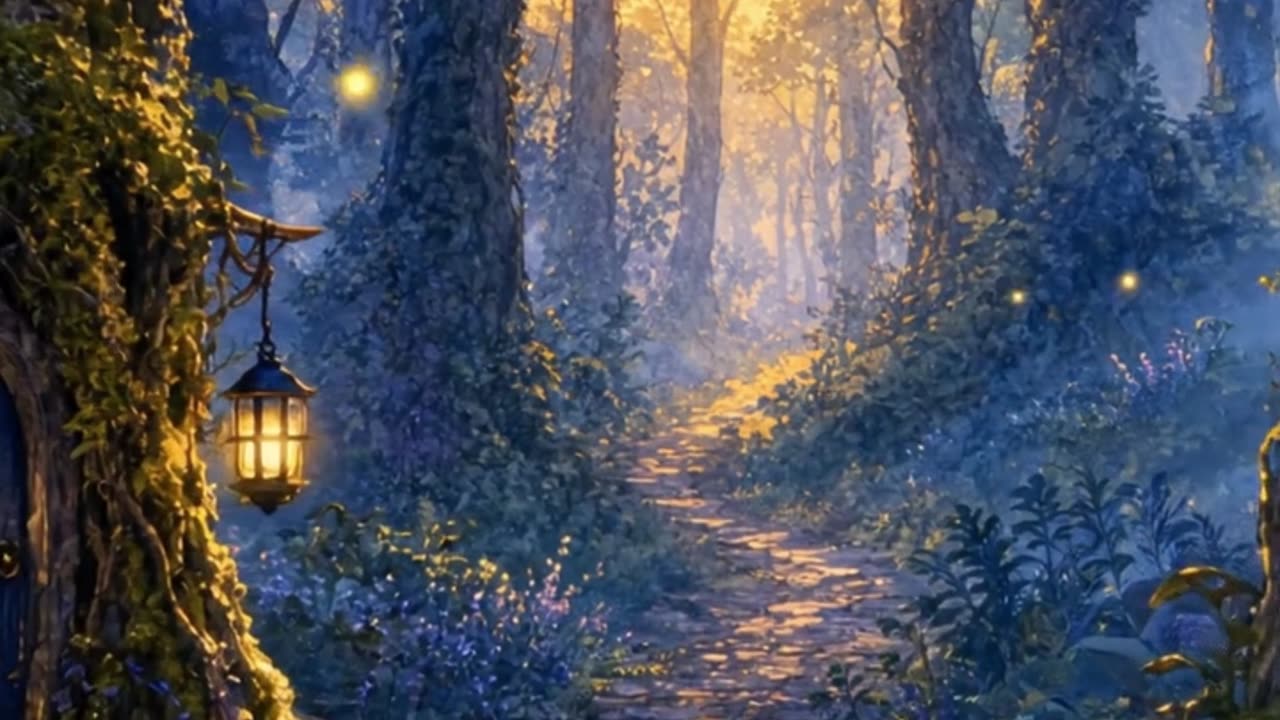 Lantern-lit woodland path leading into a glowing forest